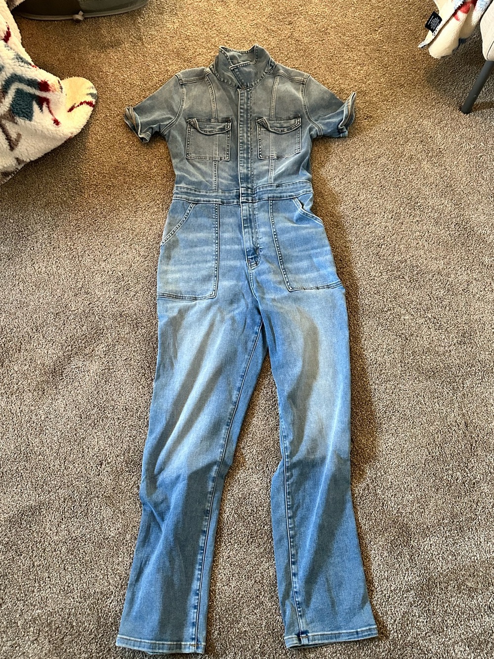 Aerie Light Blue Denim Short-Sleeve Jumpsuit